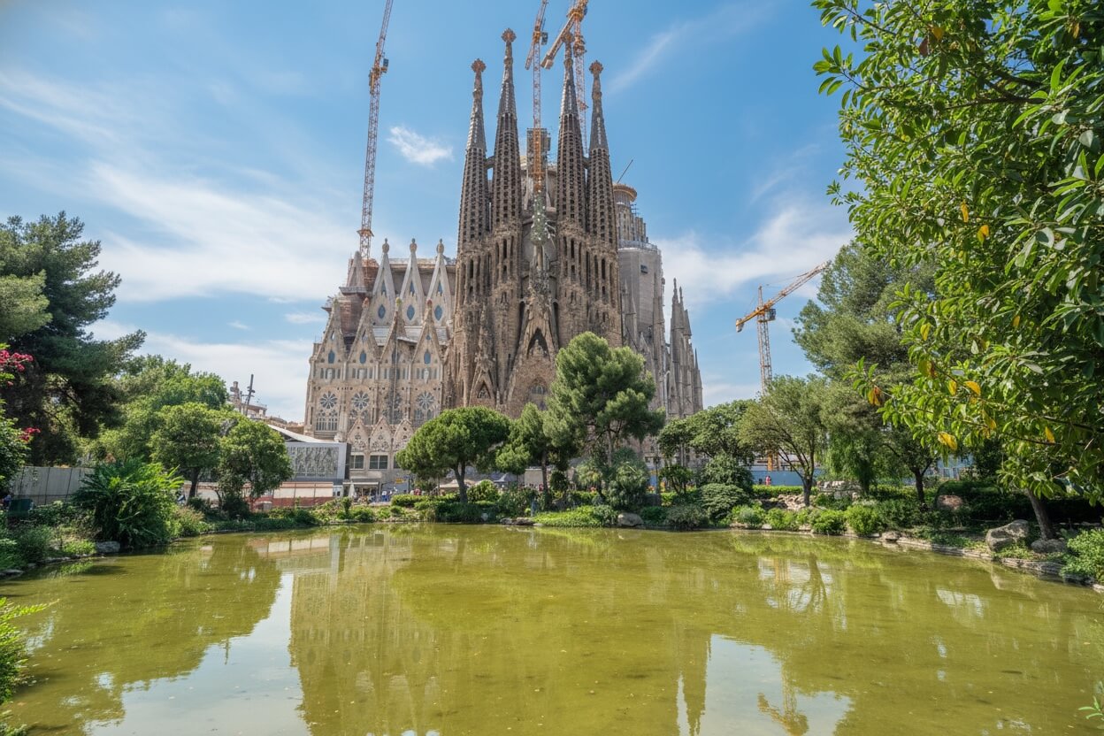 Parc et bassin devant la basilique